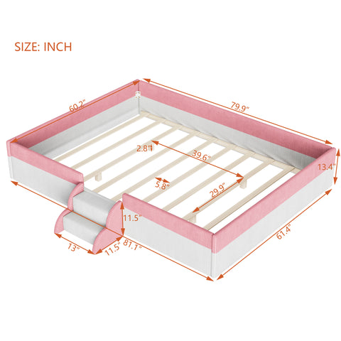 Queen Size Corduroy Upholstered Floor Bed with Guardrails, 2-Tier Steps & LED Lights for Toddler/Kids/Teens