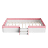 Queen Size Corduroy Upholstered Floor Bed with Guardrails, 2-Tier Steps & LED Lights for Toddler/Kids/Teens