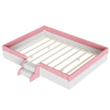 Queen Size Corduroy Upholstered Floor Bed with Guardrails, 2-Tier Steps & LED Lights for Toddler/Kids/Teens
