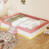 Queen Size Corduroy Upholstered Floor Bed with Guardrails, 2-Tier Steps & LED Lights for Toddler/Kids/Teens