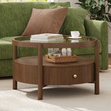 Round Glass Top Coffee Table with Storage Drawer, 2-Tier Center Table Mid-Century Modern Coffee Table Cocktail Table with Shelf, Walnut
