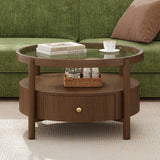 Round Glass Top Coffee Table with Storage Drawer, 2-Tier Center Table Mid-Century Modern Coffee Table Cocktail Table with Shelf, Walnut