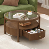 Round Glass Top Coffee Table with Storage Drawer, 2-Tier Center Table Mid-Century Modern Coffee Table Cocktail Table with Shelf, Walnut