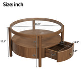 Round Glass Top Coffee Table with Storage Drawer, 2-Tier Center Table Mid-Century Modern Coffee Table Cocktail Table with Shelf, Walnut