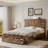 Full Rustic Platform Bed Frame with LED Light Headboard, Wood Bed with Charging Station & Drawers, Dark Brown