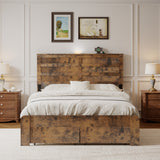 Full Rustic Platform Bed Frame with LED Light Headboard, Wood Bed with Charging Station & Drawers, Dark Brown