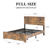 Full Rustic Platform Bed Frame with LED Light Headboard, Wood Bed with Charging Station & Drawers, Dark Brown