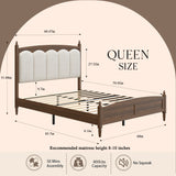 Queen Upholstered Platform Bed Frame, Mid-Century Modern Wood Bed with Padded Headboard, Brown