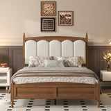 Queen Upholstered Platform Bed Frame, Mid-Century Modern Wood Bed with Padded Headboard, Brown