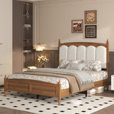 Queen Upholstered Platform Bed Frame, Mid-Century Modern Wood Bed with Padded Headboard, Brown