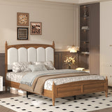 Queen Upholstered Platform Bed Frame, Mid-Century Modern Wood Bed with Padded Headboard, Brown