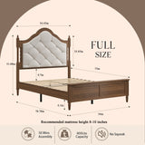 Full Platform Bed Frame, Vintage Mid-Century Wooden Bed Frame, Curved Tufted High Headboard with Spindle Posts