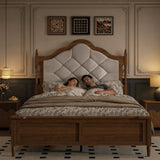 Full Platform Bed Frame, Vintage Mid-Century Wooden Bed Frame, Curved Tufted High Headboard with Spindle Posts