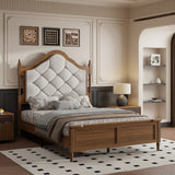 Full Platform Bed Frame, Vintage Mid-Century Wooden Bed Frame, Curved Tufted High Headboard with Spindle Posts