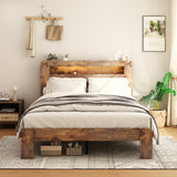 Full Wood Platform Bed Frame with Storage Headboard, LED Lights, USB Charging Station