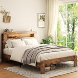 Full Wood Platform Bed Frame with Storage Headboard, LED Lights, USB Charging Station