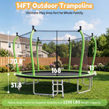 14FT Outdoor Trampoline with Safety Enclosure Net & Anti-Rust Frame, Round Recreational Backyard Bounce Jumping Mat for Kids & Adults,Green