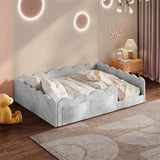 Full Size Toddler Bed Upholstered Floor Bed Safety Cushioned Kid Platform Bed with Storage Pockets, Light Gray