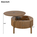 Lift-Top Round Coffee Table Storage Sofa Side Table Mid-Century Modern Center Table Fluted Cocktail Table, Walnut