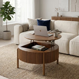 Lift-Top Round Coffee Table Storage Sofa Side Table Mid-Century Modern Center Table Fluted Cocktail Table, Walnut