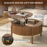 Lift-Top Round Coffee Table Storage Sofa Side Table Mid-Century Modern Center Table Fluted Cocktail Table, Walnut