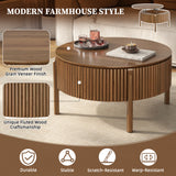Lift-Top Round Coffee Table Storage Sofa Side Table Mid-Century Modern Center Table Fluted Cocktail Table, Walnut
