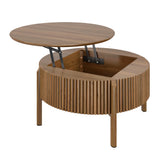 Lift-Top Round Coffee Table Storage Sofa Side Table Mid-Century Modern Center Table Fluted Cocktail Table, Walnut
