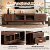 TV Stand for TVs up to 80" with Glass Sliding Doors & 2 Drawers, TV Console Media Storage Cabinet Entertainment Center, Dark Brown