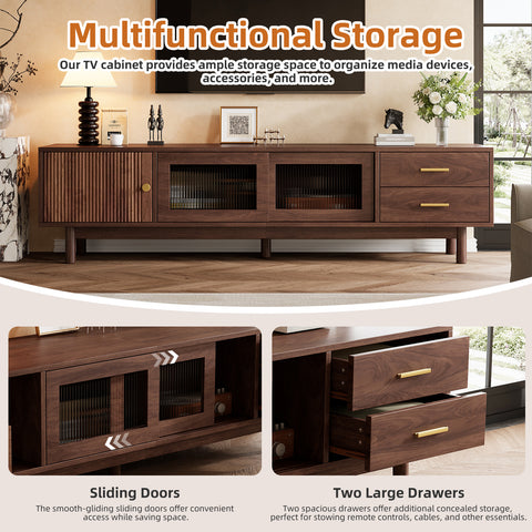 TV Stand for TVs up to 80" with Glass Sliding Doors & 2 Drawers, TV Console Media Storage Cabinet Entertainment Center, Dark Brown