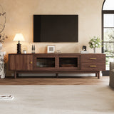 TV Stand for TVs up to 80" with Glass Sliding Doors & 2 Drawers, TV Console Media Storage Cabinet Entertainment Center, Dark Brown