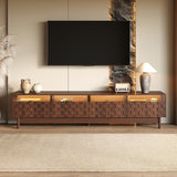 TV Stand for TVs up to 85" with LED Light & Glass Drawers, TV Console Media Storage Cabinet Entertainment Center, Walnut