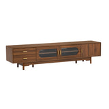 TV Stand for TVs up to 85" with Fluted Glass Doors, 2 Drawers&Solid Wood Legs, Walnut TV Console Media Storage Cabinet Entertainment Center