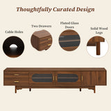TV Stand for TVs up to 85" with Fluted Glass Doors, 2 Drawers&Solid Wood Legs, Walnut TV Console Media Storage Cabinet Entertainment Center