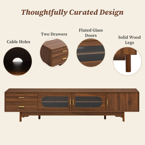 TV Stand for TVs up to 85" with Fluted Glass Doors, 2 Drawers&Solid Wood Legs, Walnut TV Console Media Storage Cabinet Entertainment Center