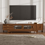 TV Stand for TVs up to 85" with Fluted Glass Doors, 2 Drawers&Solid Wood Legs, Walnut TV Console Media Storage Cabinet Entertainment Center