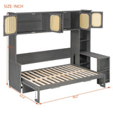 Full Size Murphy Bed, Foldable Wall Bed with Desk. Open Shelves & Rattan Cabinets for Bedroom, Apartment, Office, Space-Saving