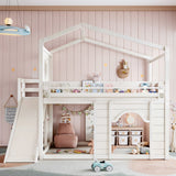 Full House Loft Bed with Slide, Bookshelves & Built-In Wardrobe, Kids Playhouse Loft Bed Frame with Window & Arched Door