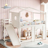 Full House Loft Bed with Slide, Bookshelves & Built-In Wardrobe, Kids Playhouse Loft Bed Frame with Window & Arched Door