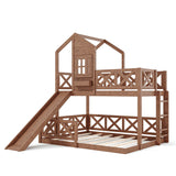 Twin over Full House Bunk Bed with Slide, Wooden Playhouse Bunk Bed Frame with X-Shaped Safety Guardrail