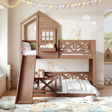 Twin over Full House Bunk Bed with Slide, Wooden Playhouse Bunk Bed Frame with X-Shaped Safety Guardrail