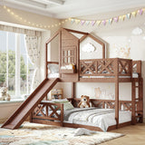 Twin over Full House Bunk Bed with Slide, Wooden Playhouse Bunk Bed Frame with X-Shaped Safety Guardrail