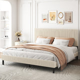 King Platform Bed Frame with Upholstered Headboard, Vertical Channel Tufted Metal Bed Frame, Noise Free