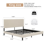 King Platform Bed Frame with Upholstered Headboard, Vertical Channel Tufted Metal Bed Frame, Noise Free
