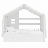 Full Size Kids Platform Bed with Curtains, Roof, 2 Storage Drawers & Safety Guardrails, Toddler House Bed Montessori Floor Bed, White