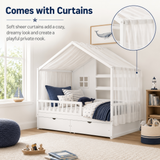 Full Size Kids Platform Bed with Curtains, Roof, 2 Storage Drawers & Safety Guardrails, Toddler House Bed Montessori Floor Bed, White