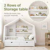Full Size Kids Platform Bed with Curtains, Roof, 2 Storage Drawers & Safety Guardrails, Toddler House Bed Montessori Floor Bed, White