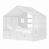 Full Size Kids Platform Bed with Curtains, Roof, 2 Storage Drawers & Safety Guardrails, Toddler House Bed Montessori Floor Bed, White
