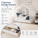 Full Size Kids Platform Bed with Curtains, Roof, 2 Storage Drawers & Safety Guardrails, Toddler House Bed Montessori Floor Bed, White