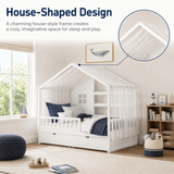 Full Size Kids Platform Bed with Curtains, Roof, 2 Storage Drawers & Safety Guardrails, Toddler House Bed Montessori Floor Bed, White