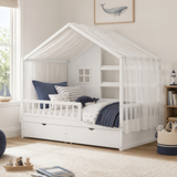 Full Size Kids Platform Bed with Curtains, Roof, 2 Storage Drawers & Safety Guardrails, Toddler House Bed Montessori Floor Bed, White